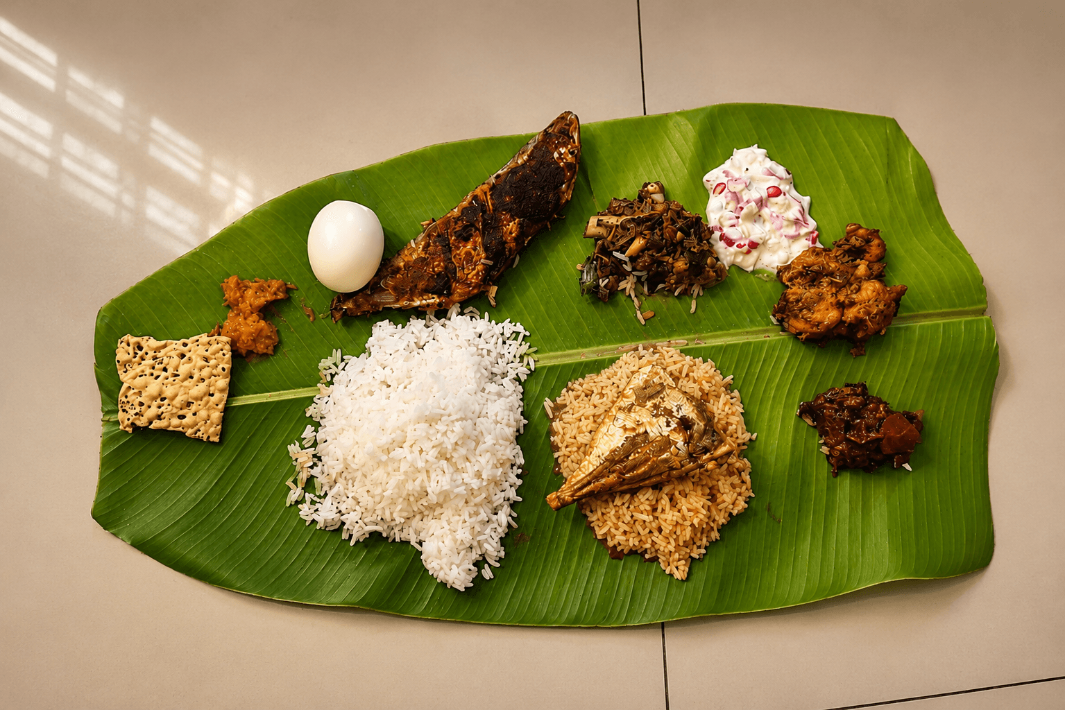 A banana leaf plate with rice, fish, egg, and curries